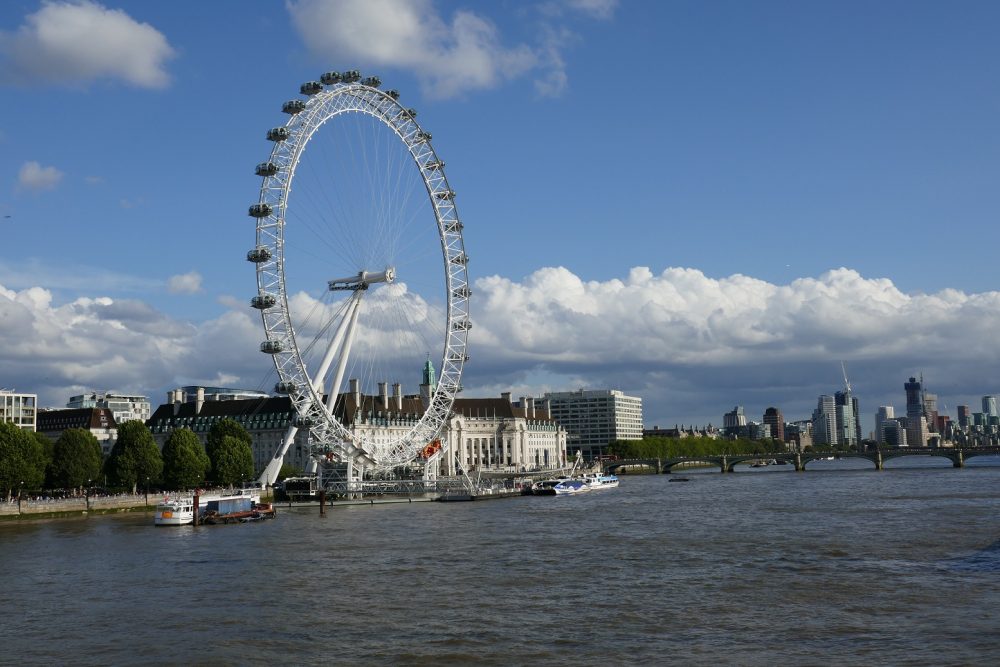 geophon London Blick auf die Themse mit dem Riesenrad.
