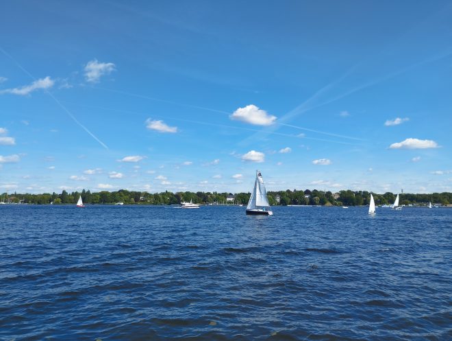Wannsee an einem strahlenden Sommertag mit Segelschiffen und blauem Himmel.